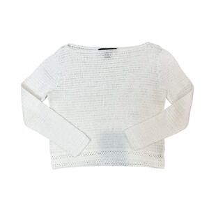 Ralph Lauren Black Label White Hand Crochet Boat Neck Knit Sweater Size Medium